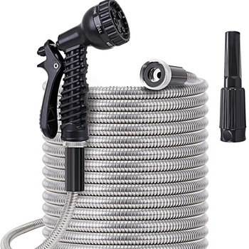 Nerūsējošā tērauda dārza šļūtene laistīšanai un automašīnu mazgāšanai, bez saraušanas; pistoles galva no cinka sakausējuma; rokturis no cinka sakausējuma; izsmidzināšanas attālums 10 m; ūdens spiediens 3–8 kg; sienas biezums 2