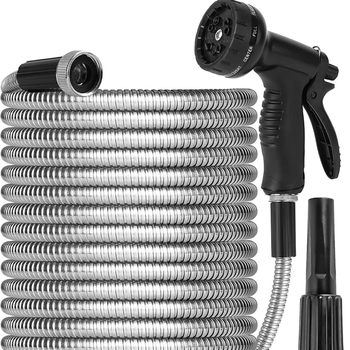 Nerūsējošā tērauda dārza šļūtene laistīšanai un automašīnu mazgāšanai, bez saraušanas; pistoles galva no cinka sakausējuma; rokturis no cinka sakausējuma; izsmidzināšanas attālums 10 m; ūdens spiediens 3–8 kg; sienas biezums 2