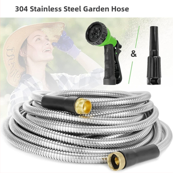 Nerūsējošā tērauda dārza šļūtene laistīšanai un automašīnu mazgāšanai, bez saraušanas; pistoles galva no cinka sakausējuma; rokturis no cinka sakausējuma; izsmidzināšanas attālums 10 m; ūdens spiediens 3–8 kg; sienas biezums 2