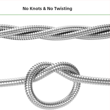 Nerūsējošā tērauda dārza šļūtene laistīšanai un automašīnu mazgāšanai, bez saraušanas; pistoles galva no cinka sakausējuma; rokturis no cinka sakausējuma; izsmidzināšanas attālums 10 m; ūdens spiediens 3–8 kg; sienas biezums 2