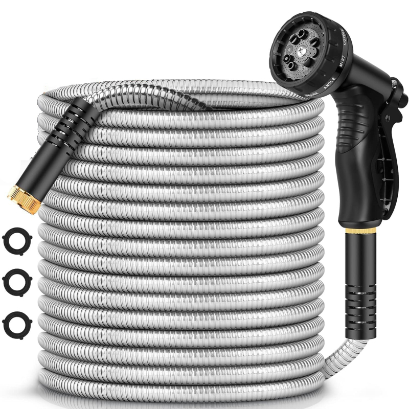 Nerūsējošā tērauda dārza šļūtene laistīšanai un automašīnu mazgāšanai, bez saraušanas; pistoles galva no cinka sakausējuma; rokturis no cinka sakausējuma; izsmidzināšanas attālums 10 m; ūdens spiediens 3–8 kg; sienas biezums 2