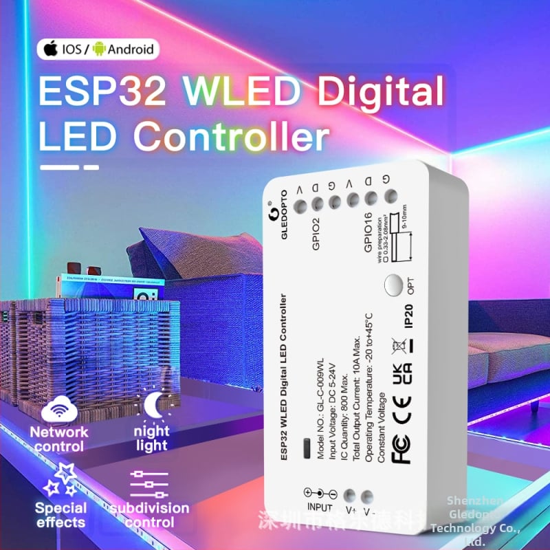 ESP32WLED krāsu pārslēgšanas LED joslu vadības bloks GL-C-009WL ar WiFi un lietotnes vadību, saderīgs ar WS2811 SK6812 SM16703 PWS2812B, spriegums DC5-24V