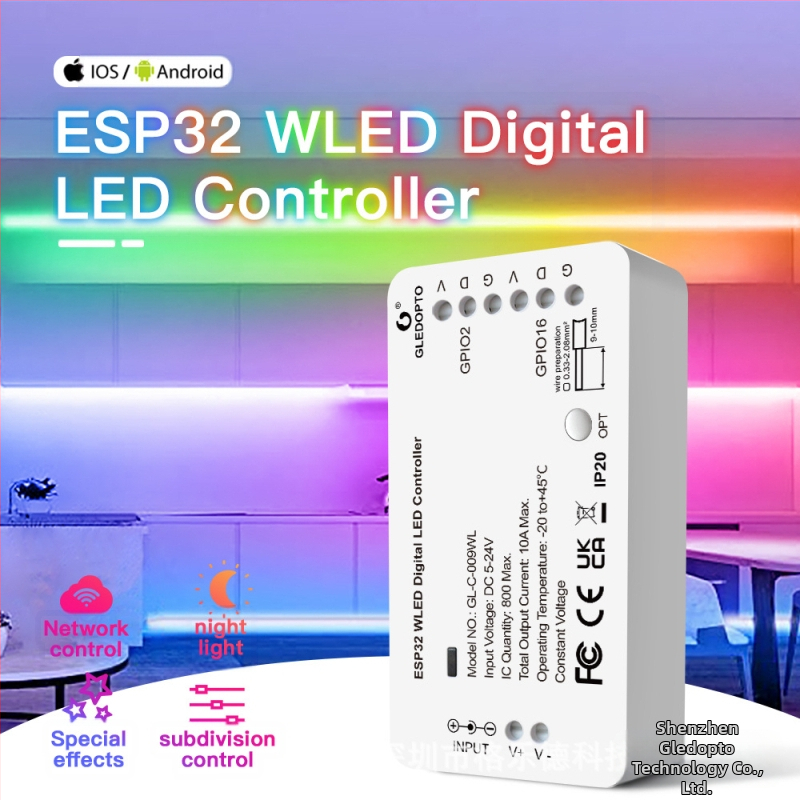 ESP32WLED контролер за цветни LED ленти GL-C-009WL, WiFi и управление чрез приложение, съвместим с WS2811, SK6812, SM16703, PWS2812B, DC5-24V