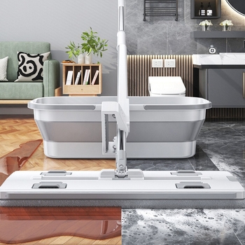 Επίπεδη σκούπα με πλύσιμο χωρίς χρήση χεριών, κεφαλή από μικροϊνές, ράβδος από ανοξείδωτο χάλυβα, διπλούμενος τετράγωνος κάδος, φορτίο έως 10 kg