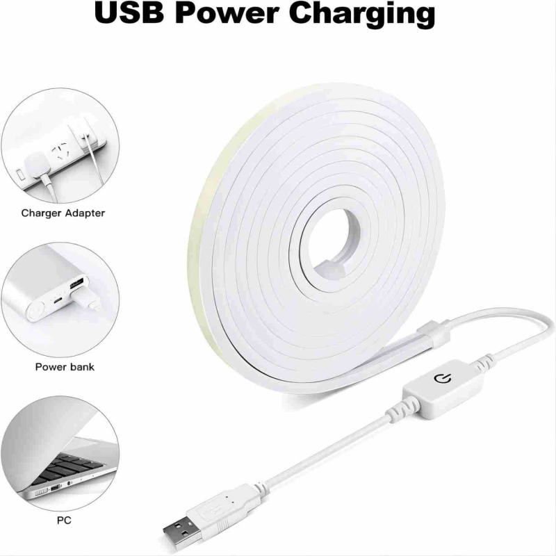 Monochromatinė 5V neono lemputė su prisilietimo jungikliu reguliuojamam šviesos lygiui, 120 LED (3528), 180° spindulio kampas, skirtas spintelėms