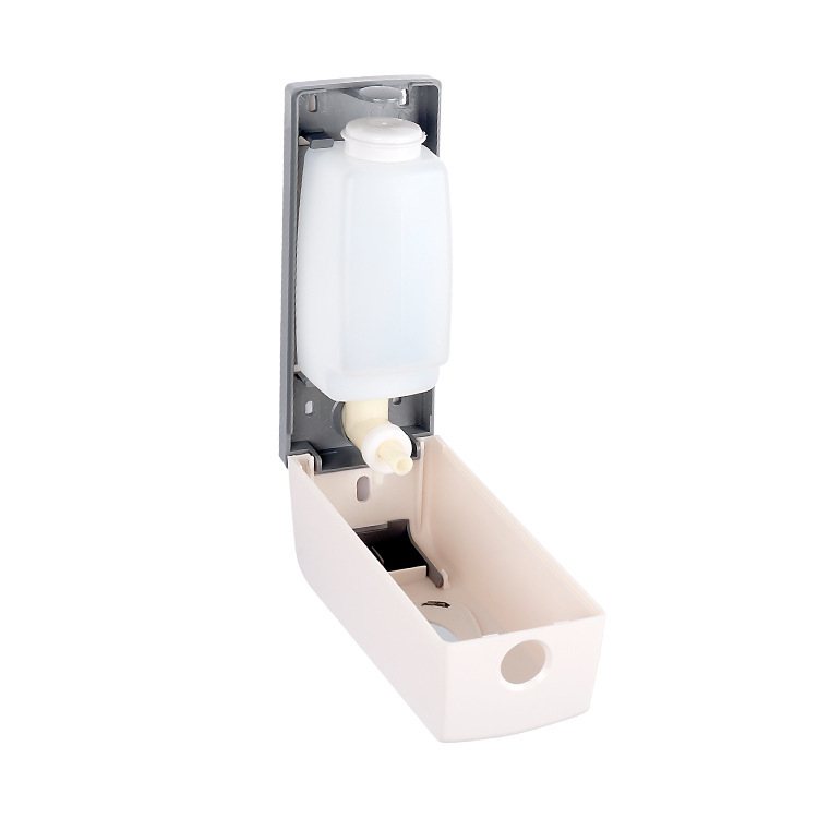 Διανεμητής τοίχου για σαμπουάν, γέλη ντους και απολυμαντικό χεριών — πλαστικό, οξειδωμένη επιφάνεια, χειροκίνητος μηχανισμός πίεσης