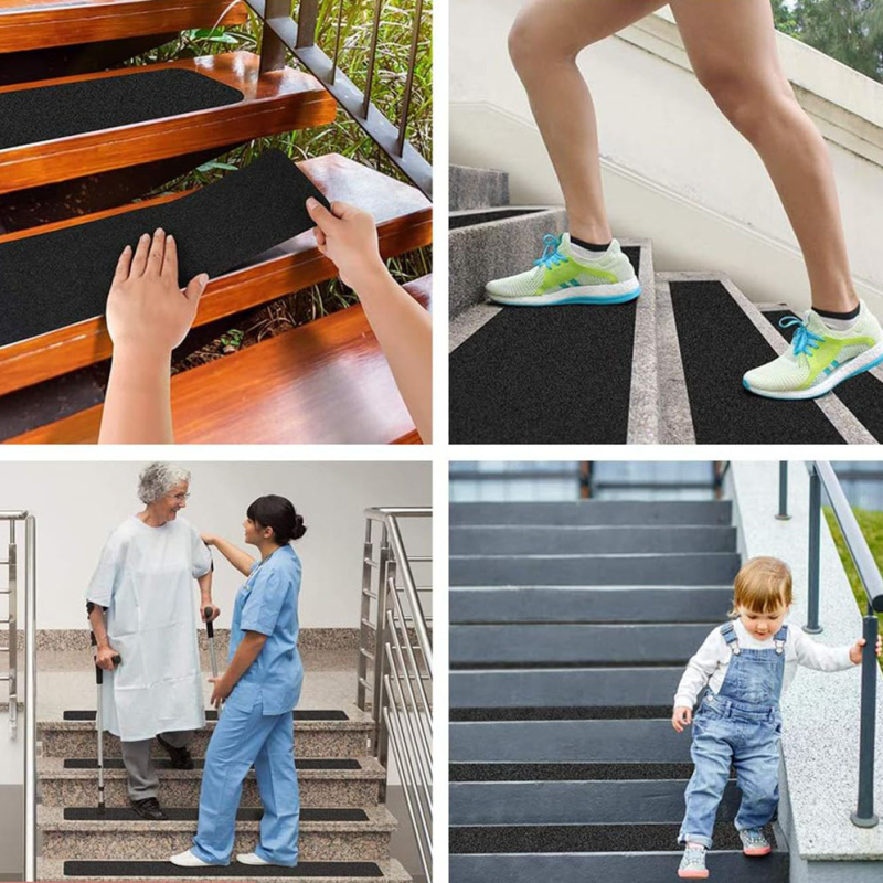 Antislīdējoša lenta uz kāpnēm (kvartssmilts + PVC, biezums 0,8 mm, temperatūras diapazons -10 līdz 50°C, pamatne: eļļas līme) iekšējām un ārējām grīdām uz kāpnēm