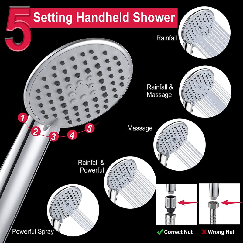 Dušo komplektas ABS | Purškimo ir lietaus funkcijos | Modelis HSTZ3829; Montavimas: sriegis; Chromu danga