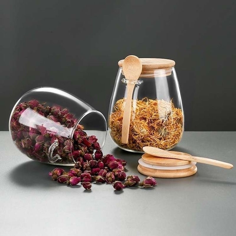 Stiklinis hermetiškas indas su bambukiniu dangteliu ir medine šaukšteliu, skaidrus laikymo indas arbatai, užkandžiams ir kietiems prieskonims