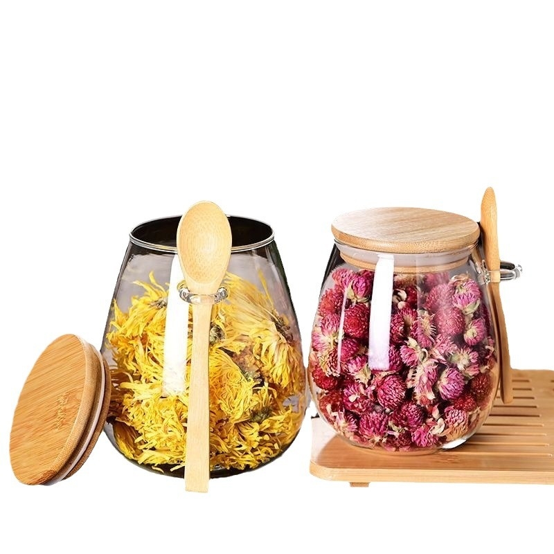 Stiklinis hermetiškas indas su bambukiniu dangteliu ir medine šaukšteliu, skaidrus laikymo indas arbatai, užkandžiams ir kietiems prieskonims