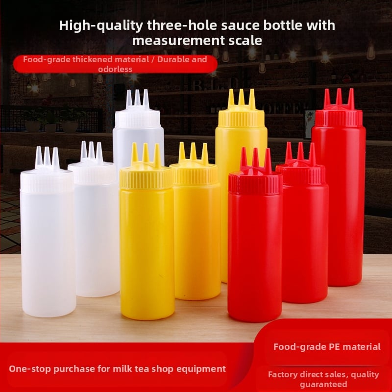 Plastikinis trijų angų spaudimo buteliukas padažams ir prieskonims — pritaikomas su logotipo spauda