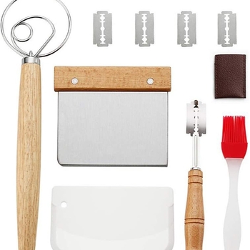 Set de 11 piese pentru coș de fermentare a pâinii din răchită naturală, formă neregulată, non-electric, include racletă din oțel inoxidabil, pensulă din silicon pentru ulei și amestecător