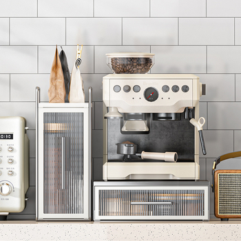 Raft de expunere pentru capsule de cafea, cu spațiu de depozitare pentru plicuri de ceai pe blat și bază pentru aparat de cafea cu sertar, stil modern minimalist