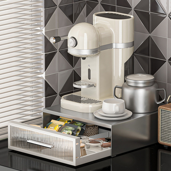Raft de expunere pentru capsule de cafea, cu spațiu de depozitare pentru plicuri de ceai pe blat și bază pentru aparat de cafea cu sertar, stil modern minimalist