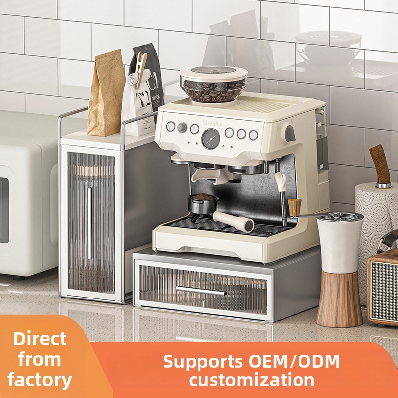 Raft de expunere pentru capsule de cafea, cu spațiu de depozitare pentru plicuri de ceai pe blat și bază pentru aparat de cafea cu sertar, stil modern minimalist