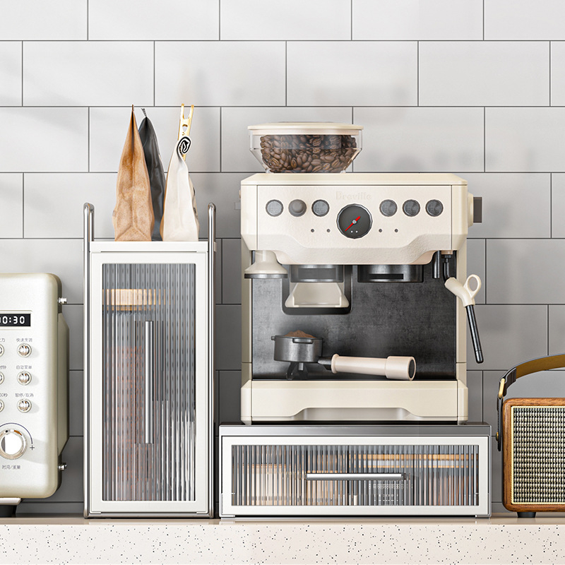 Raft de expunere pentru capsule de cafea, cu spațiu de depozitare pentru plicuri de ceai pe blat și bază pentru aparat de cafea cu sertar, stil modern minimalist