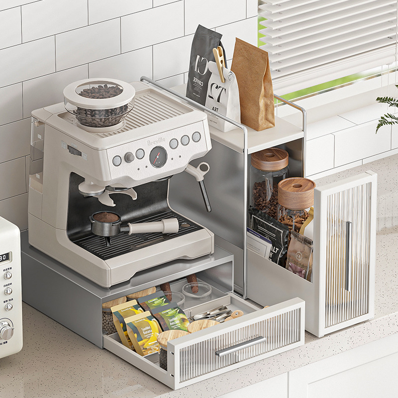 Raft de expunere pentru capsule de cafea, cu spațiu de depozitare pentru plicuri de ceai pe blat și bază pentru aparat de cafea cu sertar, stil modern minimalist