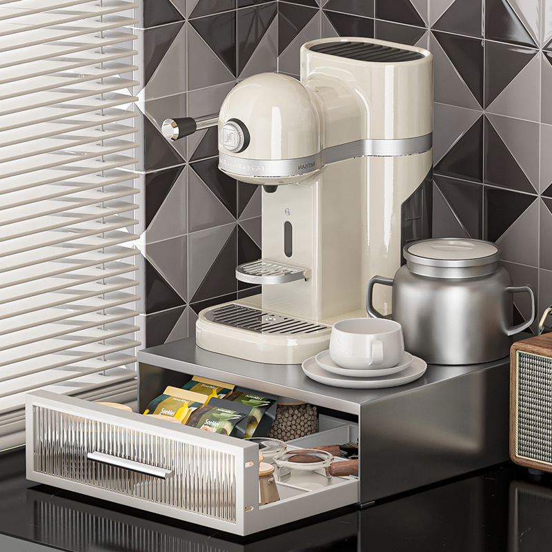 Raft de expunere pentru capsule de cafea, cu spațiu de depozitare pentru plicuri de ceai pe blat și bază pentru aparat de cafea cu sertar, stil modern minimalist