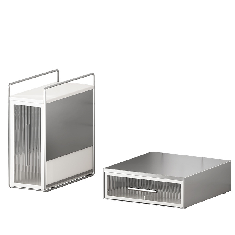 Raft de expunere pentru capsule de cafea, cu spațiu de depozitare pentru plicuri de ceai pe blat și bază pentru aparat de cafea cu sertar, stil modern minimalist