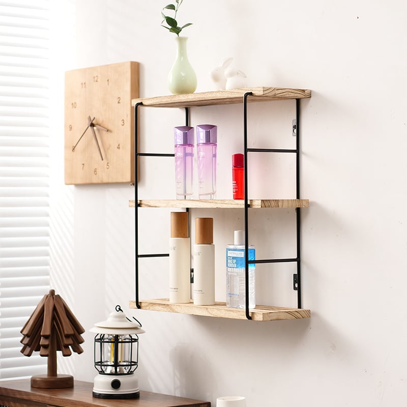 3-rétegű falra szerelhető polc, japán stílusú, fa/bambusz anyagból, csavaros szereléssel, konyha, hálószoba és fürdőszoba tárolására