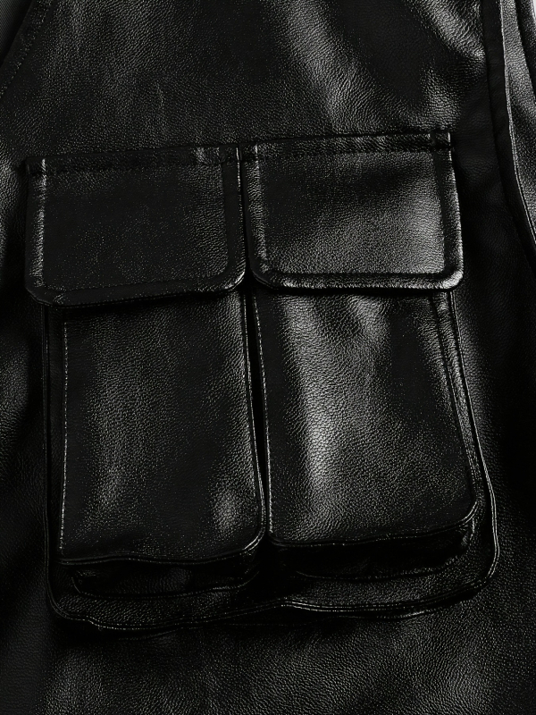 Vyrinė PU odos liemenė, gatvės stiliaus kardiganas, laisvas siluetas, užtrauktukas, be apykaklės, trimačios kišenės