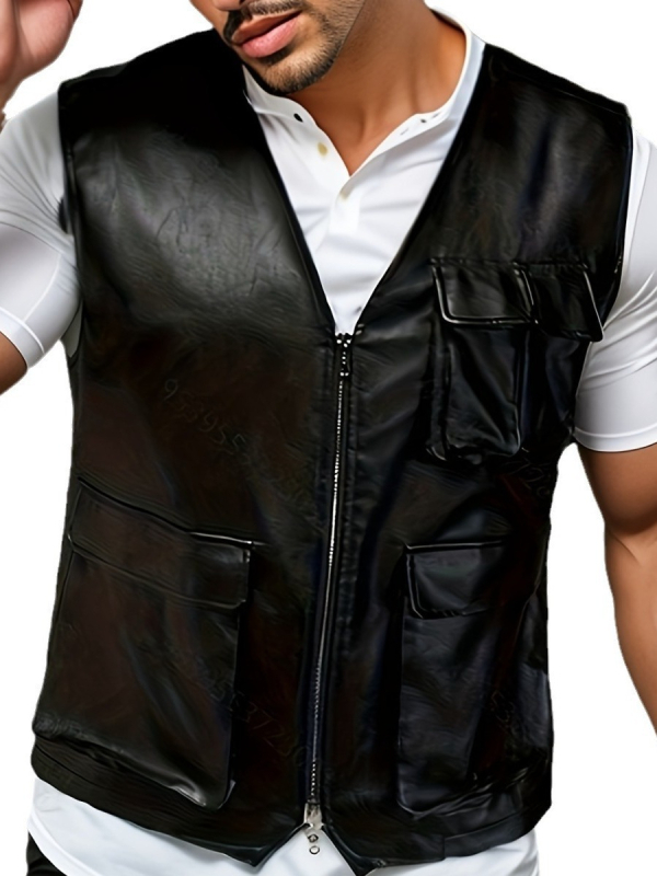 Vyrinė PU odos liemenė, gatvės stiliaus kardiganas, laisvas siluetas, užtrauktukas, be apykaklės, trimačios kišenės