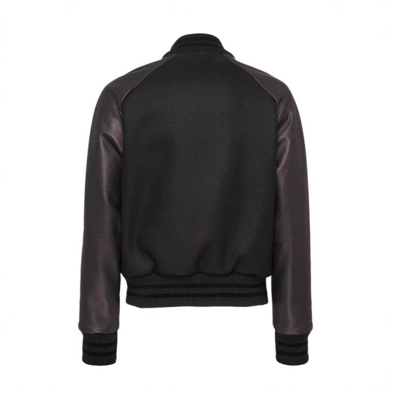 Μπουφάν μπόμπερ – αμερικανικού στιλ, ρετρό, μάλλινο ύφασμα με κεντήματα και PU λεπτομέρειες