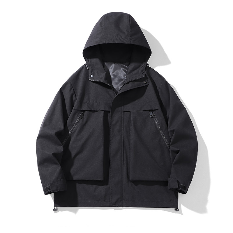 Pánska bunda s kapucňou a zipsom, voľný strih, vonkajší a vnútorný materiál z 100% polyesteru, 3D patch vrecká, vhodná na jar a jeseň
