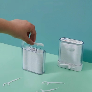 Automātiska zobu diegu kastīte ar 120 vienreizējām izliektām zobu diegu kociņām pieaugušajiem