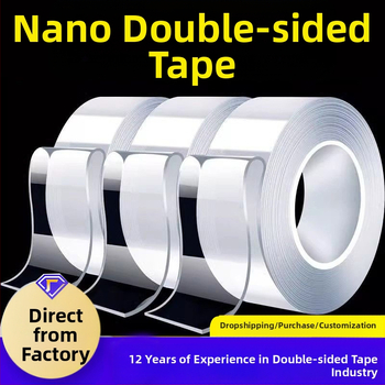 Nano klijų dvipusė lipni juosta, skaidriems stiklams, perforacijų neturi; skirta biurui ir namams; storis 0.7–1.4 mm; plotis 2–20 mm; ilgis 2–10 cm.