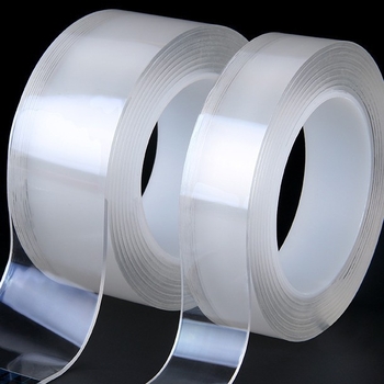 Nano klijų dvipusė lipni juosta, skaidriems stiklams, perforacijų neturi; skirta biurui ir namams; storis 0.7–1.4 mm; plotis 2–20 mm; ilgis 2–10 cm.