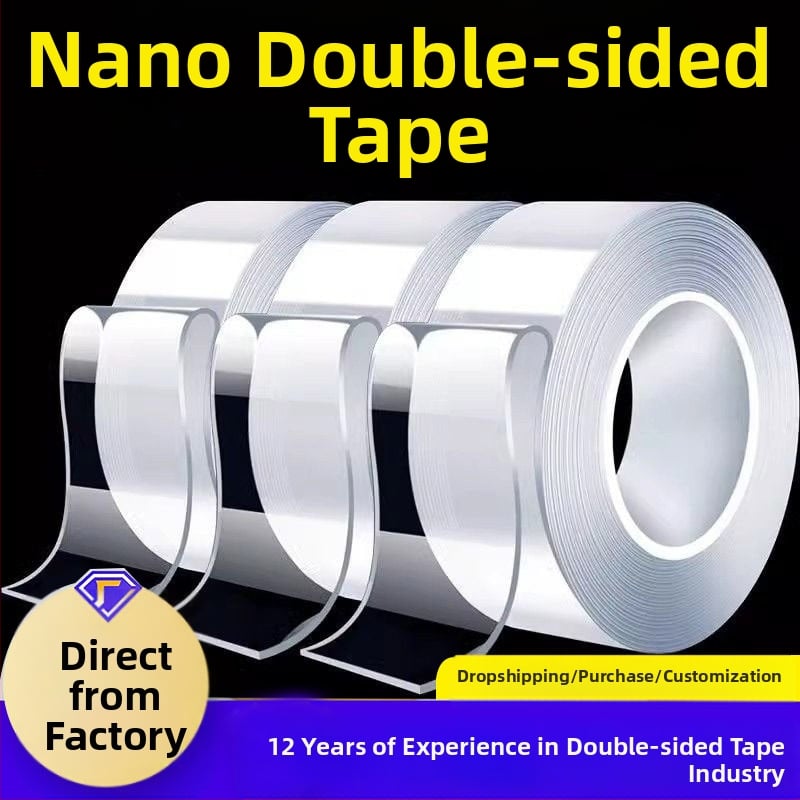 Nano klijų dvipusė lipni juosta, skaidriems stiklams, perforacijų neturi; skirta biurui ir namams; storis 0.7–1.4 mm; plotis 2–20 mm; ilgis 2–10 cm.