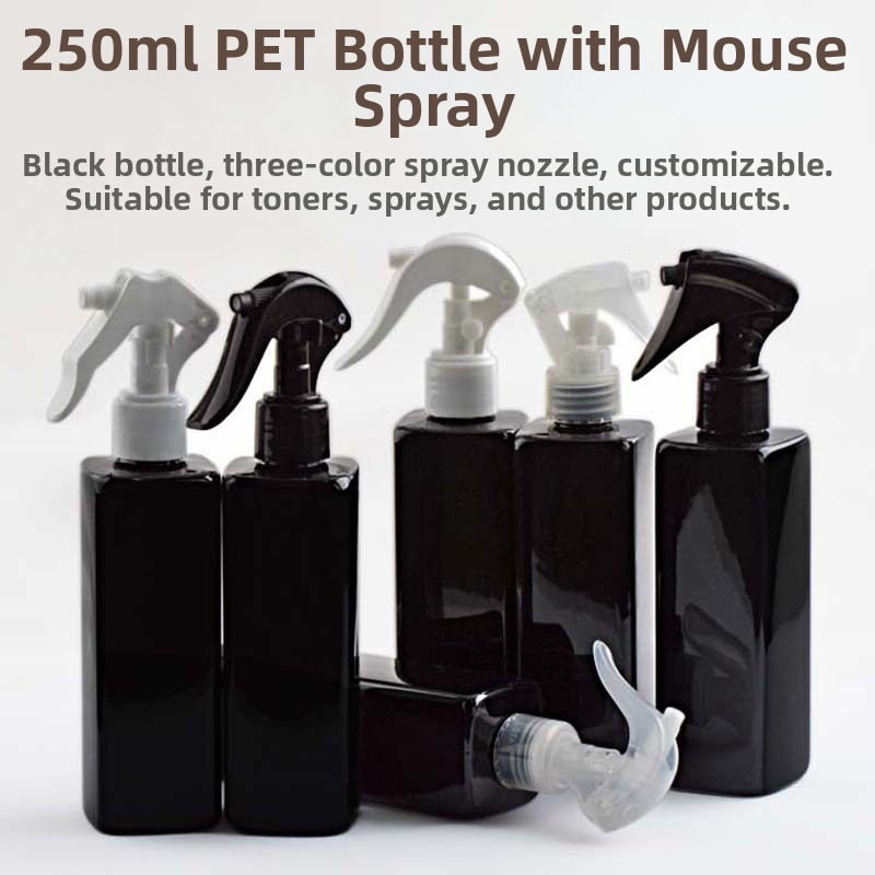 Kozmetička bočica za sprej kvadratnog oblika, plastika (PET/PP), Blow molding, završna obrada Silk-screen i Frosted, model 24/410, prilagodljivo