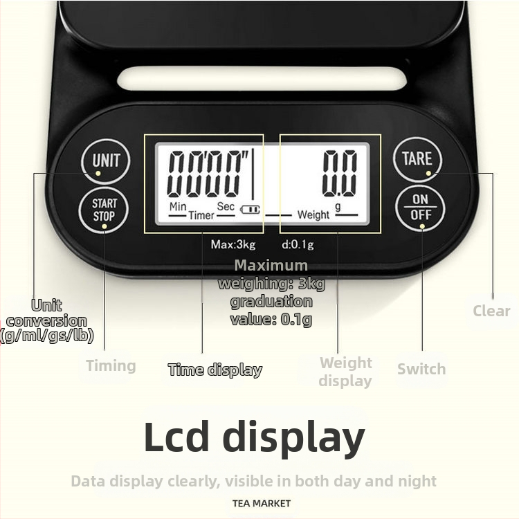 Кухненска електронна везна за кафе с таймер, прецизност 0.1 g, обхват 0.1–3000 g, портативна и водоустойчива, модел SH-268.