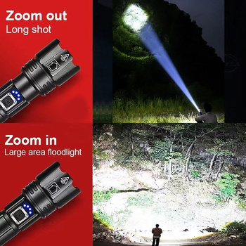 Φακός P70 με ζουμ, φόρτιση USB Type-C, XHP70 LED, δέσμη πάνω από 500 m, μπαταρία 18650/26650, περιστροφή 360°