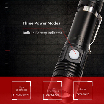 Φακός LED με μπαταρία 1200mAh, 10W, αλουμινένιο σώμα, εμβέλεια 100–200 m, επαναφορτιζόμενος.