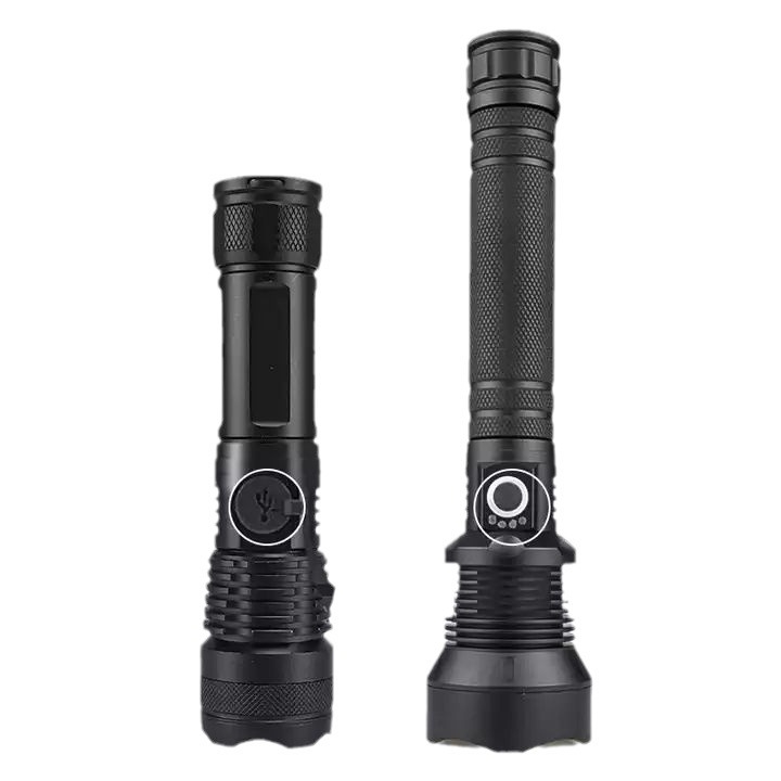 P70 LED svjetiljka aluminijske legure, USB punjenje, ugrađena baterija, teleskopski zoom, domet 200–500 m