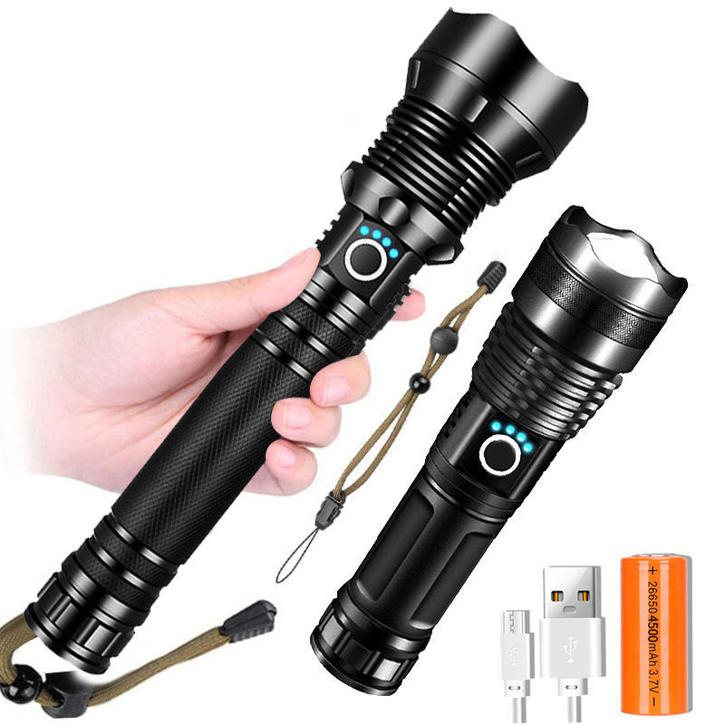 P70 LED svjetiljka aluminijske legure, USB punjenje, ugrađena baterija, teleskopski zoom, domet 200–500 m