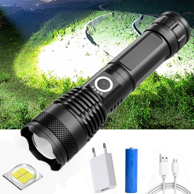 P70 LED svjetiljka aluminijske legure, USB punjenje, ugrađena baterija, teleskopski zoom, domet 200–500 m