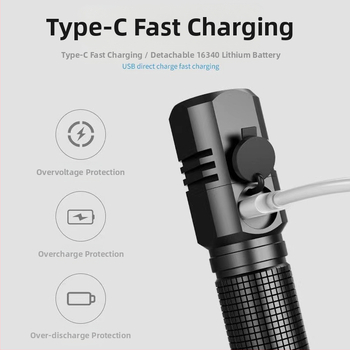 Τακτικός φακός P50: υψηλή φωτεινότητα, μακρινή δέσμη, επαναφορτιζόμενος LED φακός, 50W, μπαταρία 5800mAh, χειροκίνητη φόρτιση, εμβέλεια >500 m