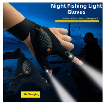 LED žvejybos pirštinės su piršto apšvietimu, pusės piršto dizainas, elastomerinis audinys, išorinis įkrovimas naktiniam žvejybai