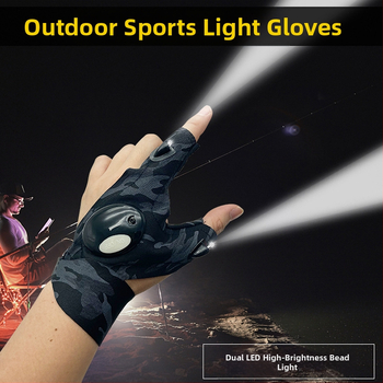 LED žvejybos pirštinės su piršto apšvietimu, pusės piršto dizainas, elastomerinis audinys, išorinis įkrovimas naktiniam žvejybai