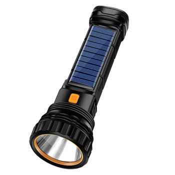 Соларно ръчно фенерче със странична светлина – 15W LED, 1000mAh литиева батерия, 90° лъч, обхват 100–300 м, време за зареждане 3 ч.