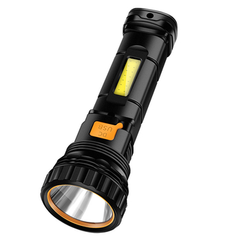 Соларно ръчно фенерче със странична светлина – 15W LED, 1000mAh литиева батерия, 90° лъч, обхват 100–300 м, време за зареждане 3 ч.
