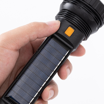 Соларно ръчно фенерче със странична светлина – 15W LED, 1000mAh литиева батерия, 90° лъч, обхват 100–300 м, време за зареждане 3 ч.