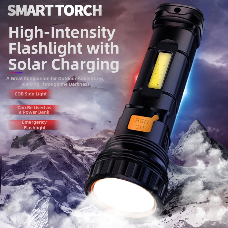 Соларно ръчно фенерче със странична светлина – 15W LED, 1000mAh литиева батерия, 90° лъч, обхват 100–300 м, време за зареждане 3 ч.