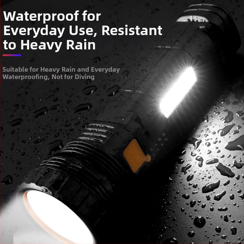 Соларно ръчно фенерче със странична светлина – 15W LED, 1000mAh литиева батерия, 90° лъч, обхват 100–300 м, време за зареждане 3 ч.