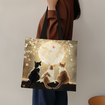 Τσάντα ώμου από πολυεστέρα, αναδιπλούμενη με σχέδιο γάτας-καρτούν, μεγάλη χωρητικότητα, πολλαπλών χρήσεων