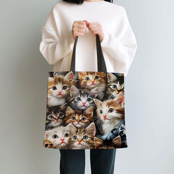 Τσάντα αγορών με θέμα γάτας, μεγάλη χωρητικότητα, πτυσσόμενη πολυεστερική, γυναικεία τσάντα ώμου, χαριτωμένο σχέδιο
