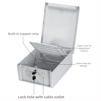 Išorinė užrakinama vandeniui atspari dėžė stebėjimui, su plastiniu gaubteliu žemų įtampų kabeliams